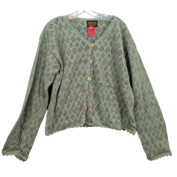 Kindred Spirit Sweater Cardigan Womens L Green Textured Sheer Crochet Nepal NWOT - Picture 1 of 7